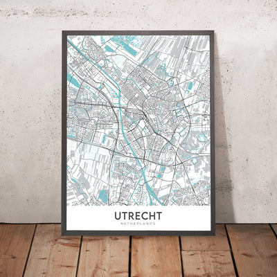 Plan de la ville moderne d'Utrecht, Pays-Bas : Tour Dom, Gare Centrale, Maison Rietveld, Jardins Botaniques, Jaarbeurs