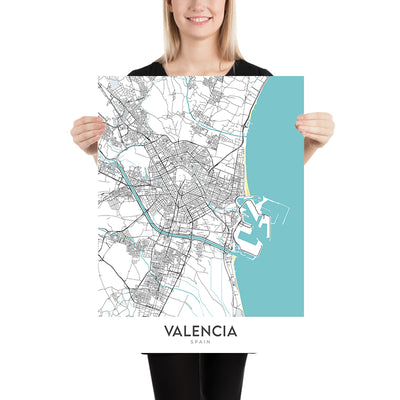 Mapa moderno de la ciudad de Valencia, España: Ciutat Vella, El Carmen, Ruzafa, Ciudad de las Artes y las Ciencias, Jardines del Turia