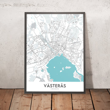 Plan de la ville moderne de Västerås, Suède : château, cathédrale, salle de concert, université, zoo