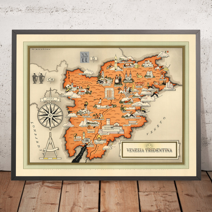 Vecchia Mappa Pittorica del Trentino-Alto Adige di De Agostini, 1938: Trento, Bolzano, Bressanone, Merano, Rovereto 