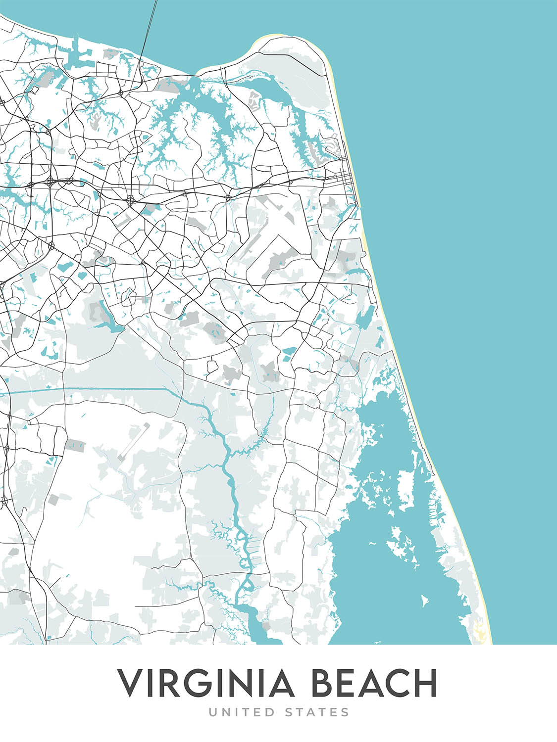 Modern City Map of Virginia Beach, VA: Aquarium, Cape Henry Lighthouse ...