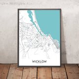 Mapa moderno de la ciudad de Wicklow, Irlanda: Montañas de Wicklow, Valle de Glendalough, Lago Tay, Lago Dan, Embalse de Vartry 