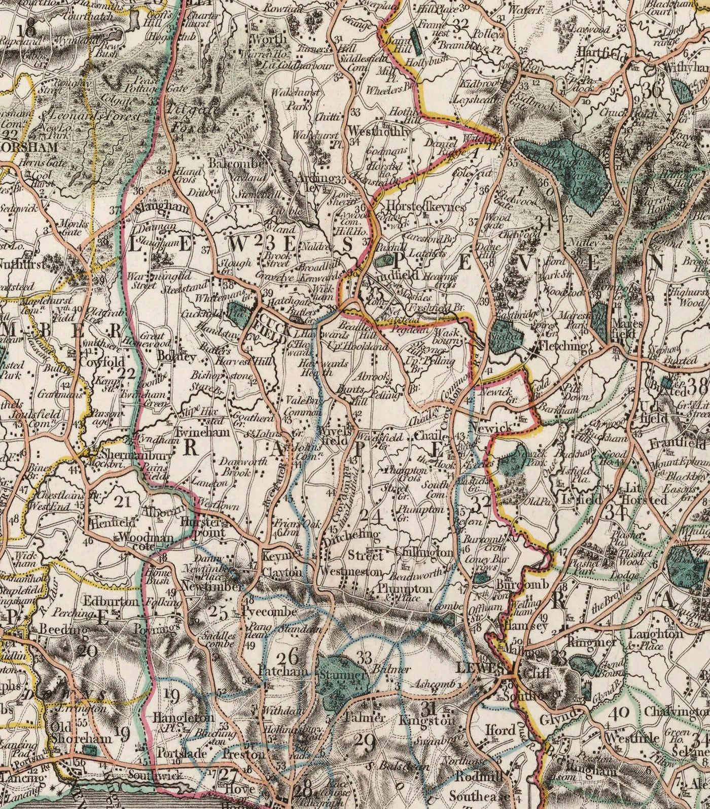 Old Map of Sussex in 1801 by John Cary - Brighton, Hastings, Eastbourne, Preston, Dumford