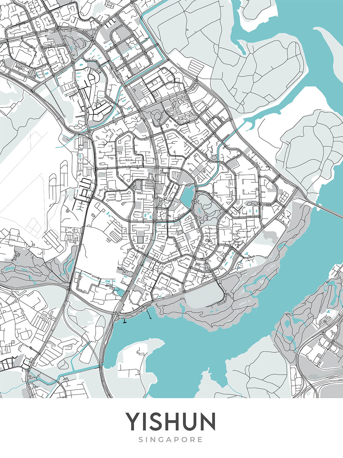 Plan de la ville moderne de Yishun, Singapour : hôpital Khoo Teck Puat, ville de Northpoint, réservoir Lower Seletar, parc Yishun, club SAFRA