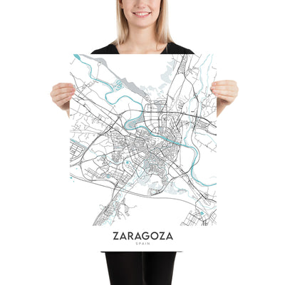 Moderner Stadtplan von Saragossa, Spanien: Basilika, Kathedrale, Palast, Fluss, Universität