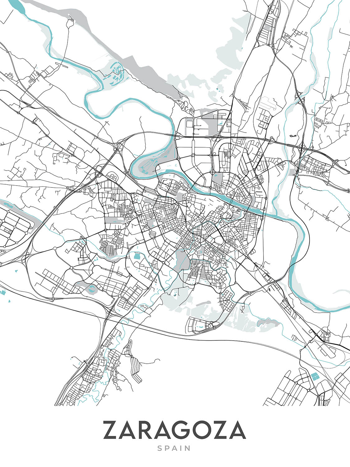 Moderner Stadtplan von Saragossa, Spanien: Basilika, Kathedrale, Palast, Fluss, Universität