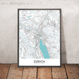 Carte de la ville moderne de Zurich : le lac de Zurich, l'Altstadt, la gare Enge, l'ETH Zurich, le Kunsthaus de Zurich, l'Uetliberg 