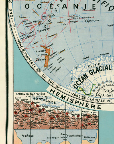 Ancienne carte du monde du double hémisphère en 1925 par Joseph Forest - Volcans, montagnes, fonds marins