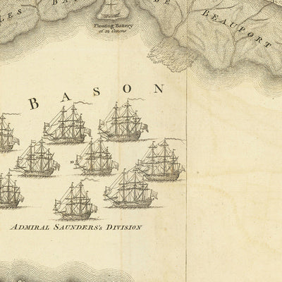 Antiguo mapa militar de la batalla de las llanuras de Abraham de Jefferys, 1768: Quebec, río San Lorenzo, tropas francesas y británicas, artillería, divisiones navales