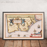 Mapa antiguo del Algarve de Waghenaer, 1588: Faro, Lagos, Portimão, Cabo de San Vicente, cartucho decorativo 