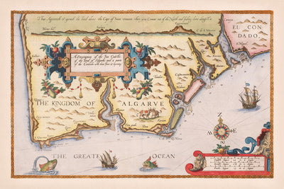 Old Map of the Algarve by Waghenaer, 1588: Faro, Lagos, Portimão, Cape of Saint Vincent, Decorative Cartouche