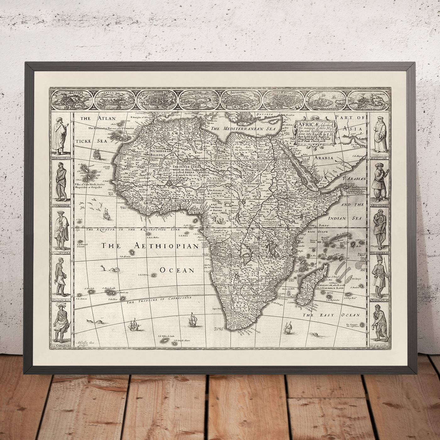 Alte monochrome Karte von Afrika von Speed, 1676: Zeigt traditionelle Menschen und Kleidung 
