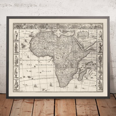 Alte monochrome Karte von Afrika von Speed, 1676: Zeigt traditionelle Menschen und Kleidung 