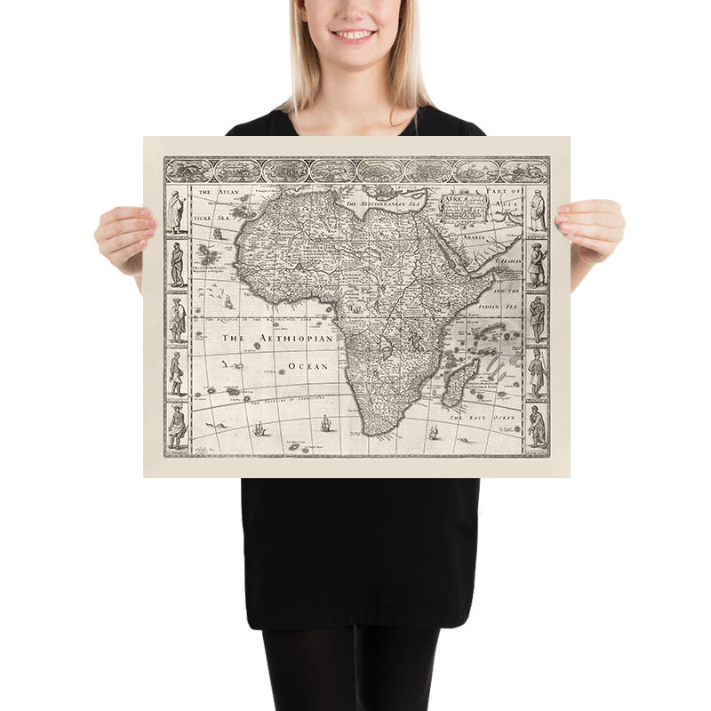 Alte monochrome Karte von Afrika von Speed, 1676: Zeigt traditionelle Menschen und Kleidung 