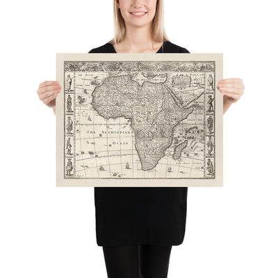 Alte monochrome Karte von Afrika von Speed, 1676: Zeigt traditionelle Menschen und Kleidung 