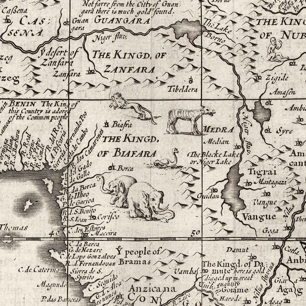 Alte monochrome Karte von Afrika von Speed, 1676: Zeigt traditionelle Menschen und Kleidung 