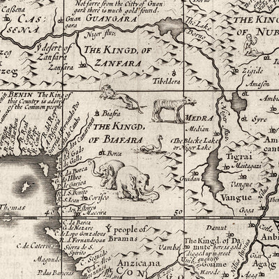 Alte monochrome Karte von Afrika von Speed, 1676: Zeigt traditionelle Menschen und Kleidung 