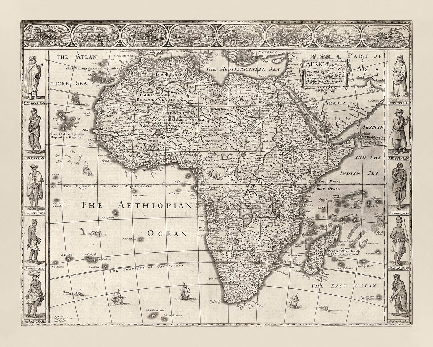 Alte monochrome Karte von Afrika von Speed, 1676: Zeigt traditionelle Menschen und Kleidung 