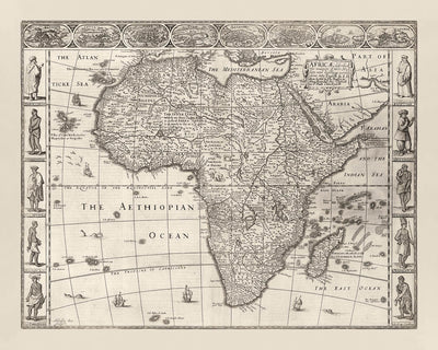 Alte monochrome Karte von Afrika von Speed, 1676: Zeigt traditionelle Menschen und Kleidung 