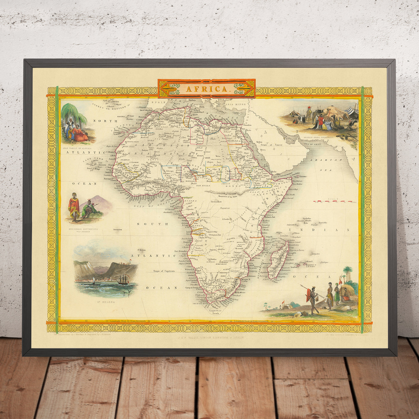 Mapa del Viejo Mundo de África por Tallis & Rapkin, 1851: Viñetas decorativas, políticas y físicas detalladas, mapa mundial