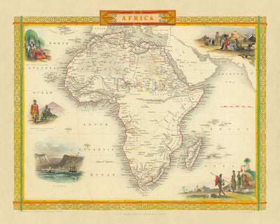 Carte du vieux monde de l'Afrique par Tallis & Rapkin, 1851 : politiques et physiques détaillées, vignettes décoratives, carte du monde