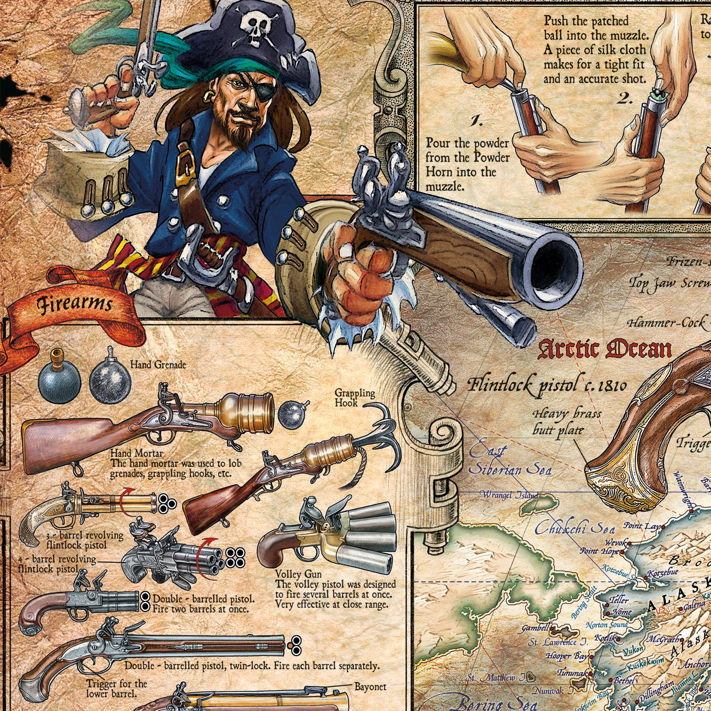 Old Pirate World Map by Ray&Co, 2025: Pirate Ships, Weapons, History