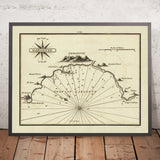 Ancien Golfe de Gargente, Carte Nautique de Sicile par Heather, 1802 : Agrigento, Monte Rux, Rose des Vents 
