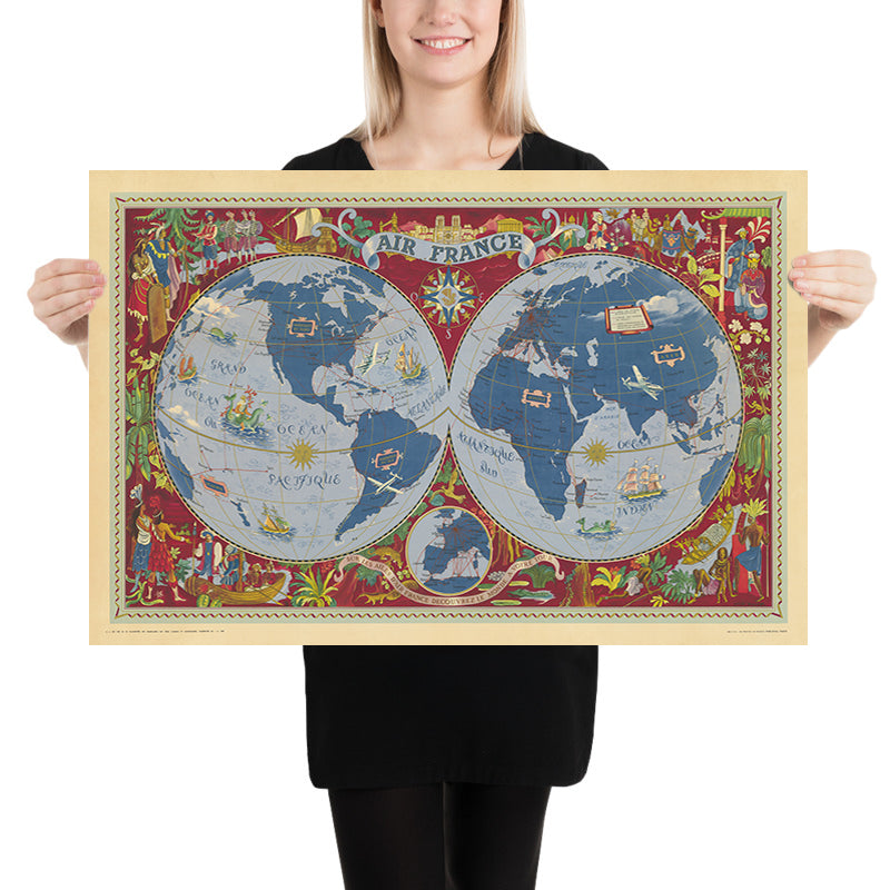 Mappa del mondo surrealista di Boucher, 1950: Rotte aeree di Air France, scene culturali, creature marine 