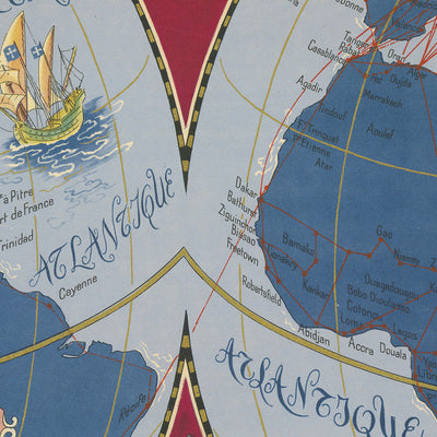 Carte du monde de l'Ancienne Carte du monde d'Air France par Boucher, 1950 : décorative, routes aériennes, style surréaliste