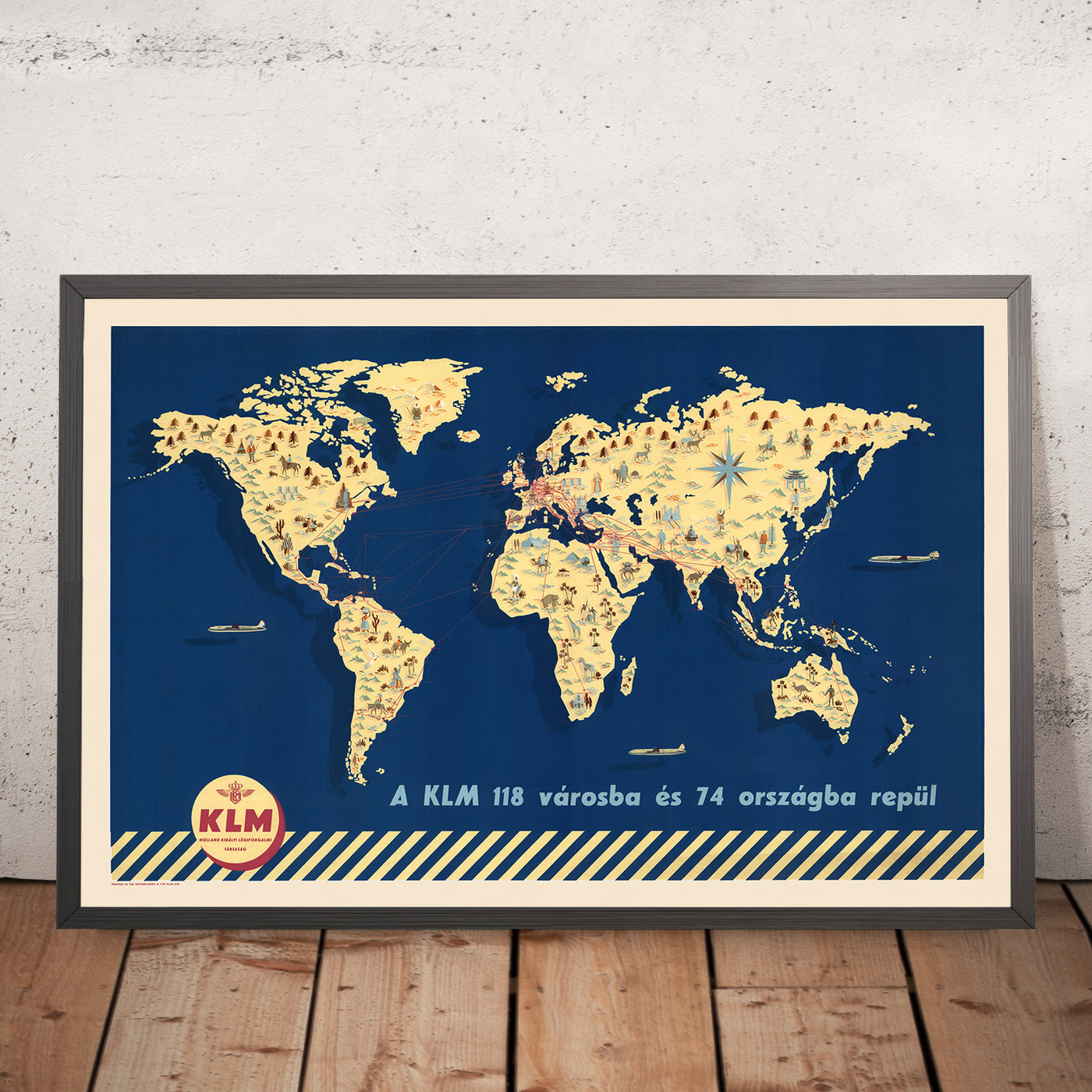 Alte Weltkarte der weltweiten Flugrouten von KLM, 1955: 118 Routen, 74 Länder, bildliche Orientierungspunkte
