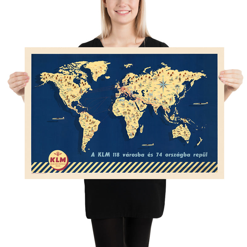 Alte Weltkarte der weltweiten Flugrouten von KLM, 1955: 118 Routen, 74 Länder, bildliche Orientierungspunkte