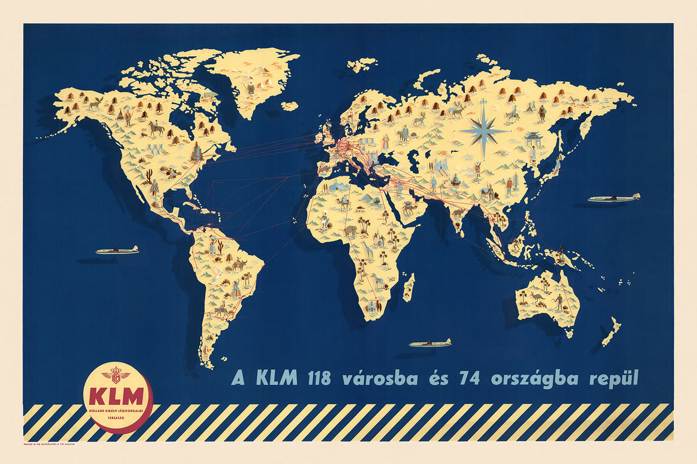 Carte du vieux monde des routes aériennes mondiales de KLM, 1955 : 118 routes, 74 pays, monuments illustrés