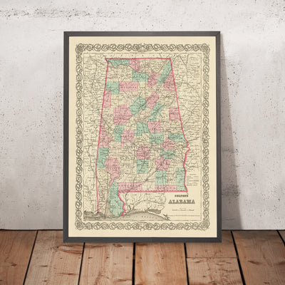 Mapa antiguo de Alabama, 1855 por JH Colton: Mobile, Montgomery, Huntsville, Tuscaloosa y Selma