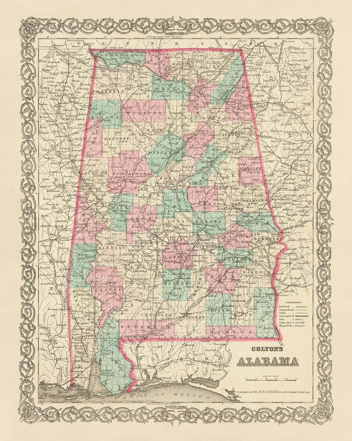 Mapa antiguo de Alabama, 1855 por JH Colton: Mobile, Montgomery, Huntsville, Tuscaloosa y Selma