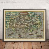 Old Birdseye Map of Alexandria, Egypt by Braun, 1575: Pompey's Pillar, Towers, Battlements, Ships, Waterways