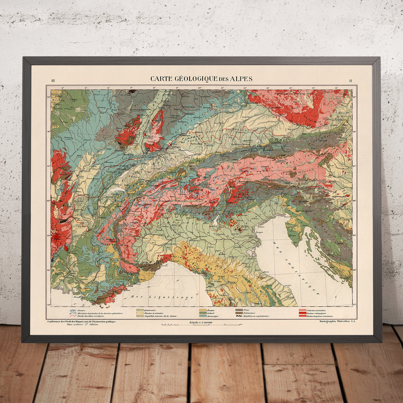 Mapa antiguo de la región alpina de Kartographia Winterthur, 1921: Suiza, Austria, regiones de Francia, Italia y Alemania, Eslovenia, características geológicas detalladas