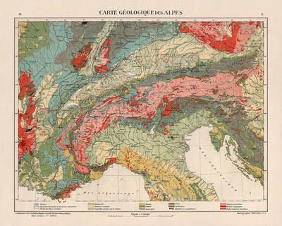 Mapa antiguo de la región alpina de Kartographia Winterthur, 1921: Suiza, Austria, regiones de Francia, Italia y Alemania, Eslovenia, características geológicas detalladas