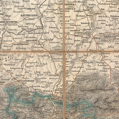 Old Map of Northeast Alps by Mayr, 1874: Zurich, Munich, Innsbruck, Lake Constance