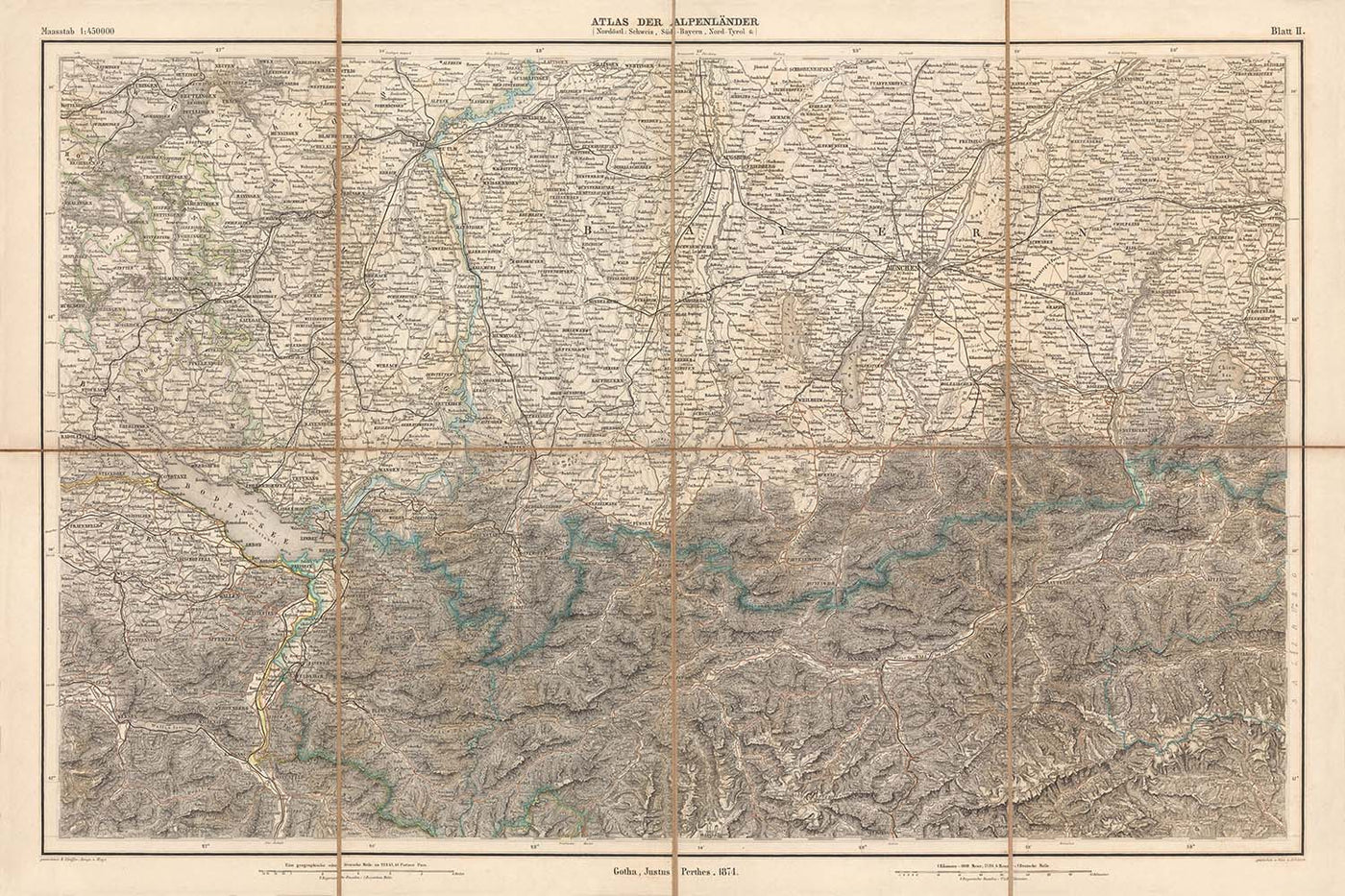 Mapa antiguo de los Alpes de Mayr, 1874: Zúrich, Múnich, Innsbruck, lago de Constanza, Alpes