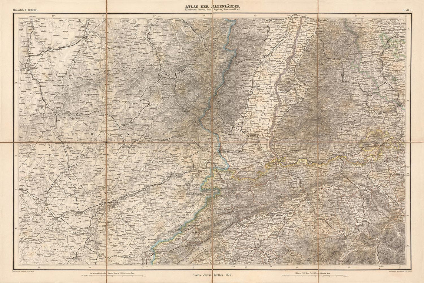 Mapa antiguo de la región alpina de Mayr, 1874: río Rin, Berna, Basilea, Selva Negra, ferrocarriles