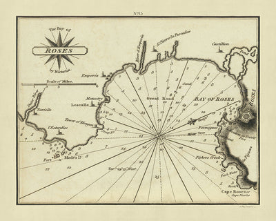 Alte Seekarte der Bay of Roses von Heather, 1802: Tiefenangaben, Ankerplätze, Dorfplan