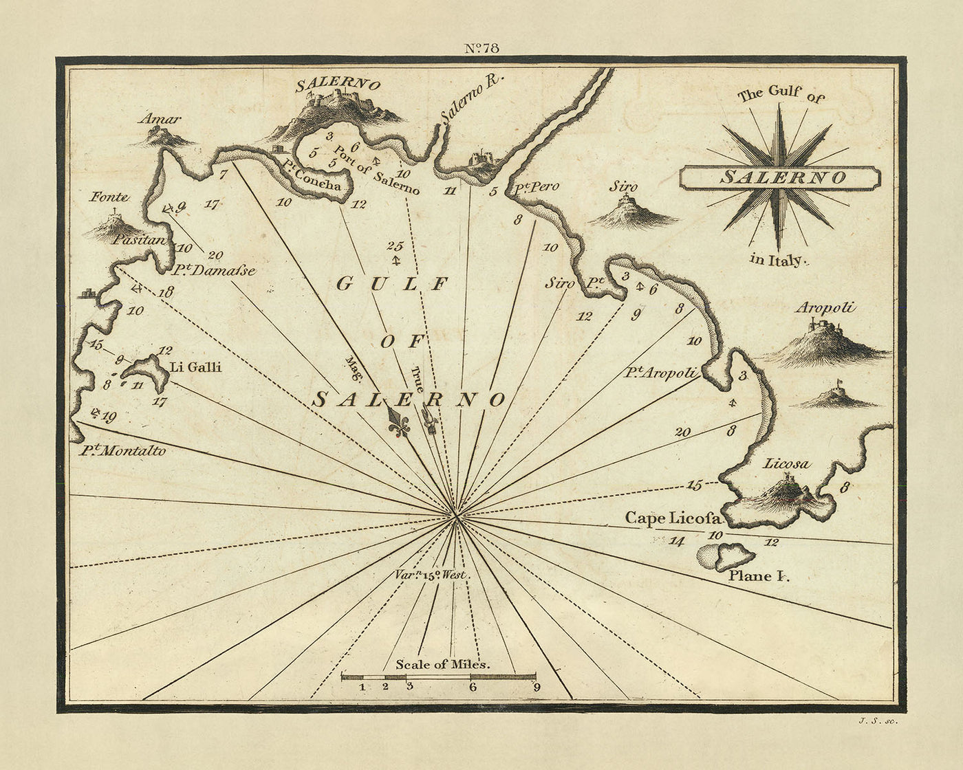 Alte Seekarte des Golfs von Salerno von Heather, 1802: Amalfi, Pompeji, Tiefenmessungen