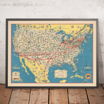 Ancienne carte des États-Unis de American Airlines, 1947 : Itinéraires d&