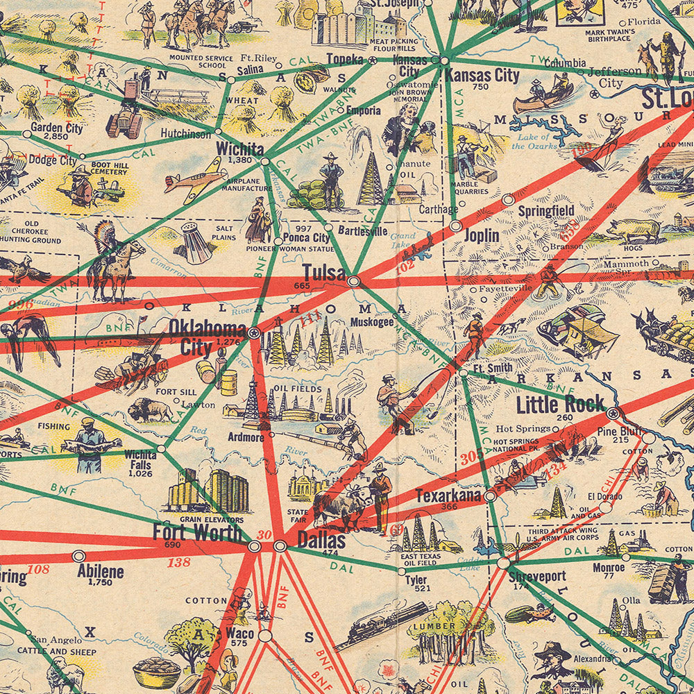 Alte Bildkarte der Vereinigten Staaten von American Airlines, 1947: NYC, LA, Chicago, Freiheitsstatue, Routen