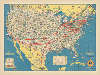 Alte Bildkarte der Vereinigten Staaten von American Airlines, 1947: NYC, LA, Chicago, Freiheitsstatue, Routen