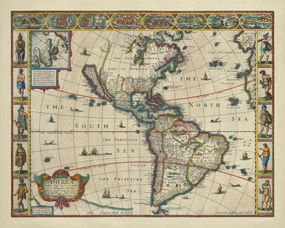 Carte ancienne de l'Amérique par Speed, 1626 : la Californie comme île, les premières colonies, les éléments décoratifs