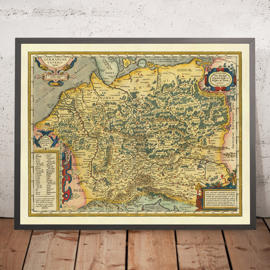 Antica mappa della Germania e del Nord Europa di Abraham Ortelius, 1624: Germania, Scandinavia, tribù germaniche 