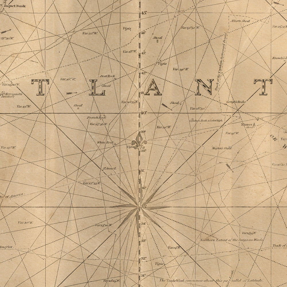 Carta náutica atlántica antigua de Heather, 1828: corriente del Golfo, rutas de navegación, detalles costeros