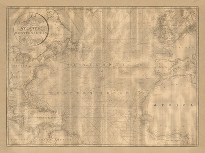 Old Atlantic Ocean Nautical Chart by Heather, 1828: Gulf Stream, Voyage Routes, Coastal Details