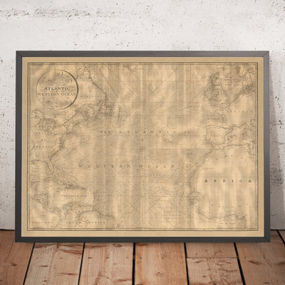 Old Atlantic Ocean Nautical Chart by Heather, 1828: Gulf Stream, Voyage Routes, Coastal Details